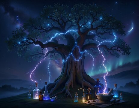 Mystical Ancient Tree With Magical Glowing Potions Under Electric Night Sky.