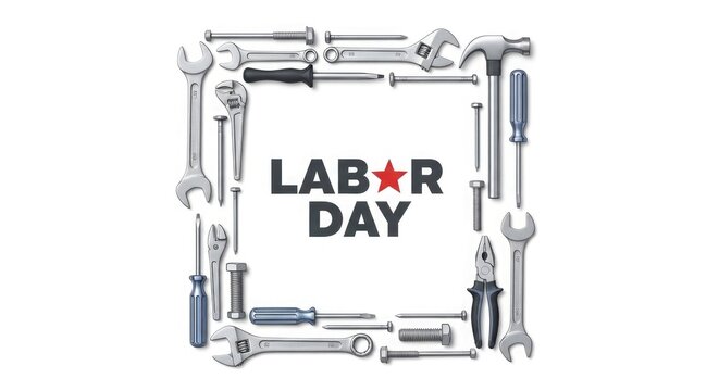 Labor day tools arrangement with wrenches bolts and screwdrivers