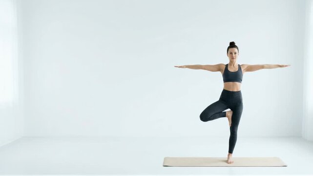 Woman practicing tree pose yoga in studio. Girl performing balance exercise. Athletic fitness training for wellness and flexibility. Healthy lifestyle workout class.