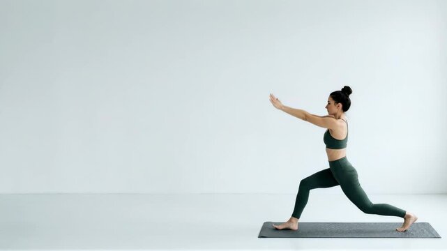 Woman practicing yoga tree pose and transitioning into a stretch. Athlete exercising on mat in minimalist studio to improve body balance and flexibility fitness.