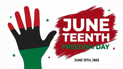 Fototapeta premium Graphic of a raised hand with Pan-African flag colors, symbolizing Juneteenth, freedom day, June 19th, 1865
