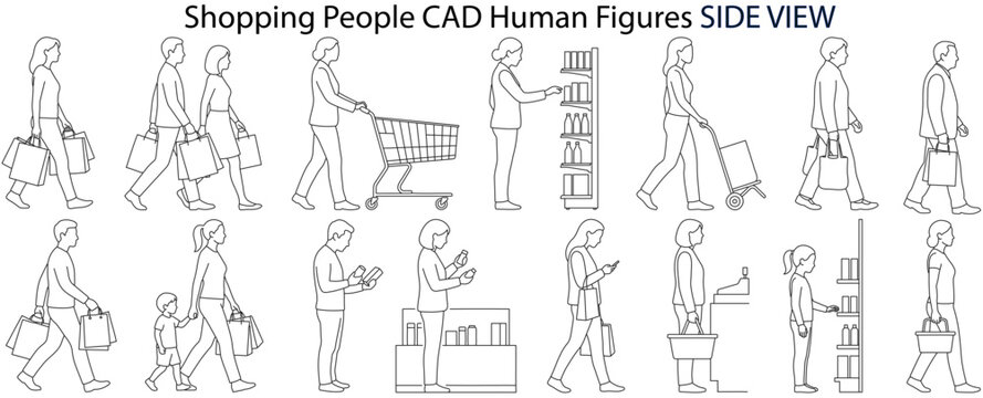 Shopping People CAD Human Figures side view Outline Vector Pack with Shoppers Shopping Bags Carts Baskets Retail Customers and Commercial Lifestyle Activities