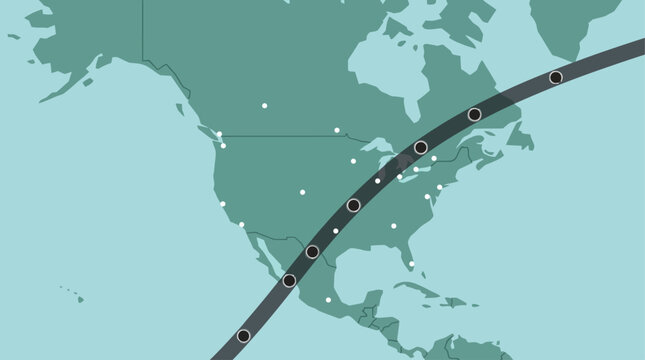 A clear and concise flat design vector map illustrating the geographical path of a total solar eclipse across a continent, highlighting key observation points. This 2D graphic is perfect for planning 