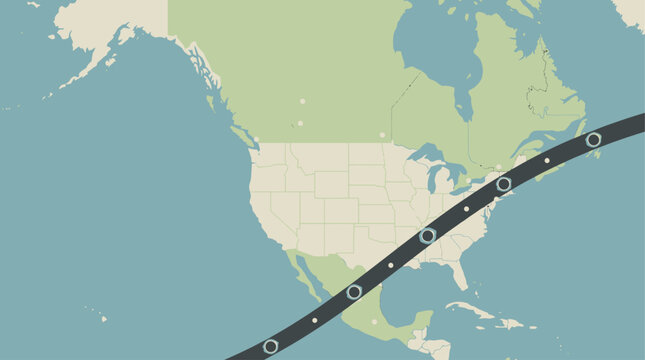 A clear and concise flat design vector map illustrating the geographical path of a total solar eclipse across a continent, highlighting key observation points. This 2D graphic is perfect for planning 