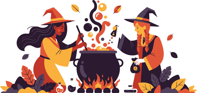 Halloween witches brewing magic potion in cauldron vector, spooky sorceress characters with autumn leaves, mystical alchemy and occult ritual illustration