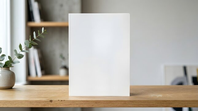 Blank book cover mockup on wooden table with eucalyptus professional product presentation