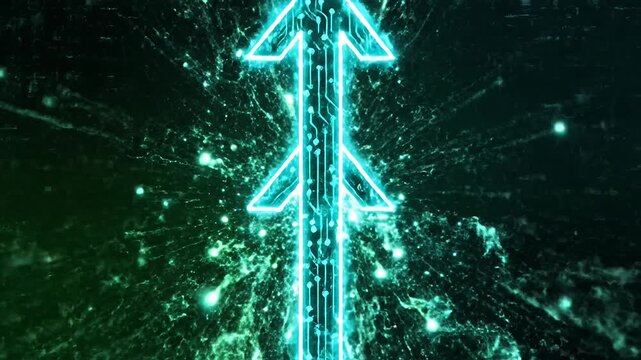 Glowing green digital arrow pointing upward on dark background.