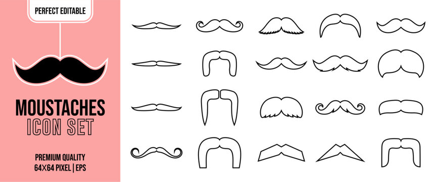 Mustache Line Art Icon Set Collection, Editable Moustache Outline Symbols Pack, Vintage Barber Facial Hair Vector Icons