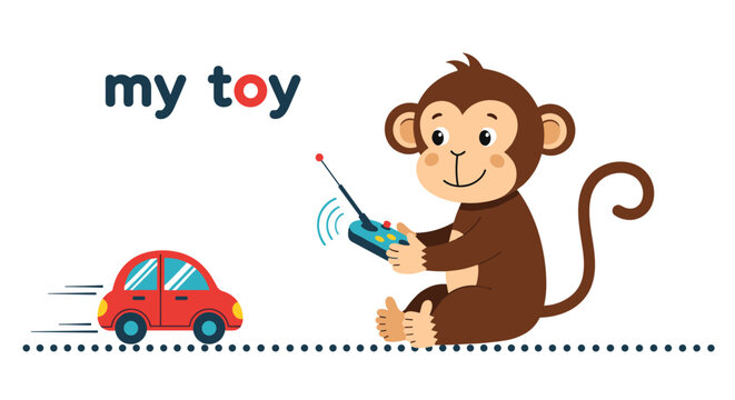 Adorable cartoon monkey sitting and playing with a red remote controlled toy car, educational concept vector illustration.