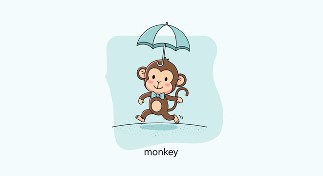 Adorable little monkey wearing a bow tie walking happily under a light blue umbrella in rainy weather, flat vector.