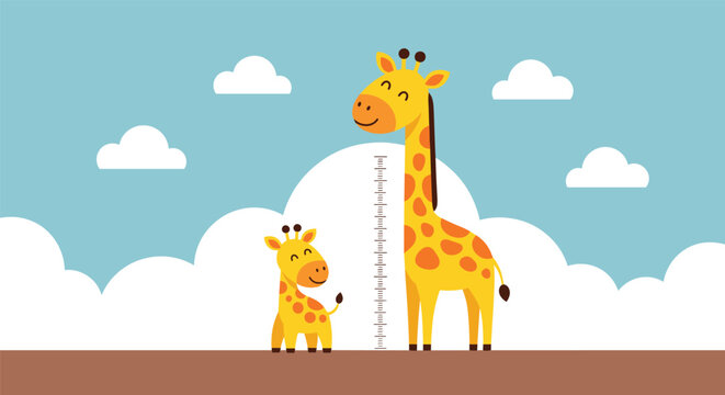 Tall giraffe and cute baby giraffe standing next to a height measuring scale ruler on a blue sky background.