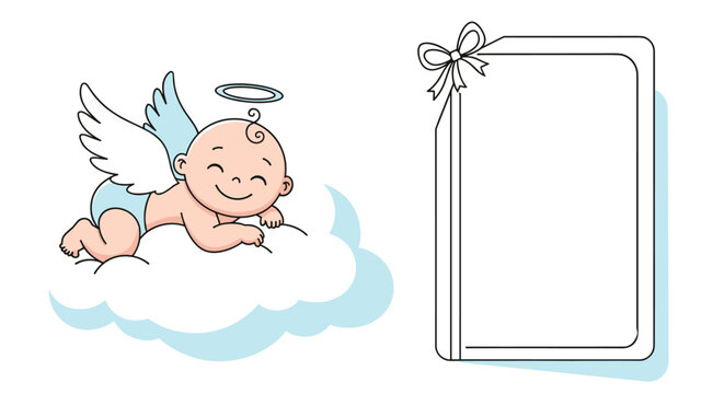 Adorable cartoon baby angel with wings and a halo lying on a soft white cloud next to a blank vertical frame.