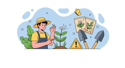 Obraz premium Happy male gardener in overalls and a hat showing ok sign while inspecting a blooming flower near seeds and tools.