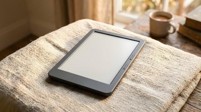 E reader mockup on cozy blanket by window with coffee and books