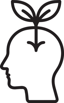 Human head profile with growing plant sprout outline icon for growth mindset psychology vector graphic illustration