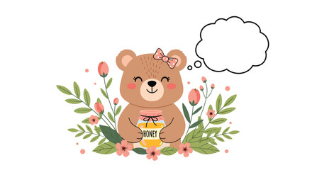 Fototapeta premium Adorable female cartoon bear holding a jar of honey among pink flowers and leaves with an empty thought bubble.