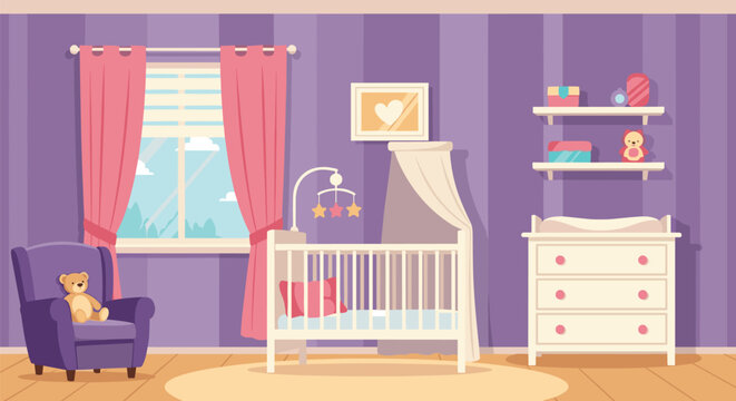 Cozy baby nursery room interior designed with purple striped walls, a white wooden crib, and a dresser drawer.
