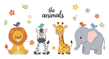 Obraz premium Group of adorable cartoon safari animals including a lion, zebra, giraffe, and elephant with birds on their heads.