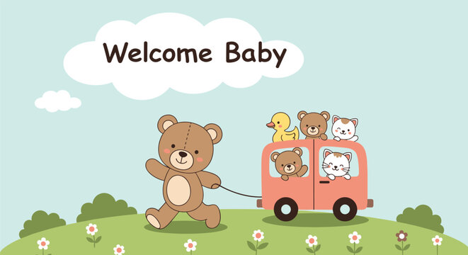 Bear pulling a small toy car carrying a duck, a bear, and cats across a green hill under a welcome baby cloud.