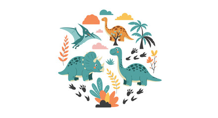 Fototapeta premium Circular composition of cute cartoon dinosaurs including triceratops, pterodactyl, and brachiosaurus in a forest.