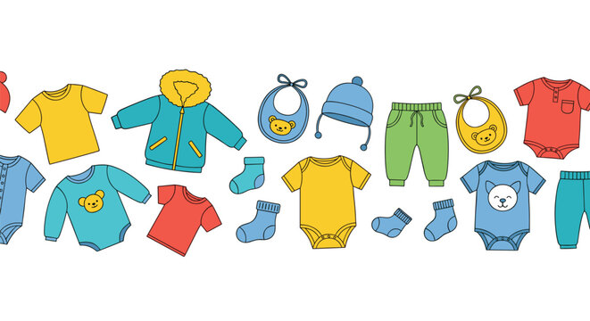 Colorful row of baby clothing items including jackets, shirts, pants, hats, socks, and bibs on a white background.