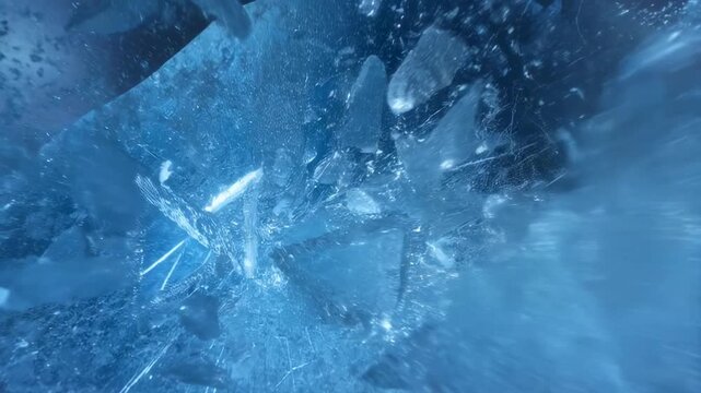 Shattering ice explosion with floating fragments in slow motion