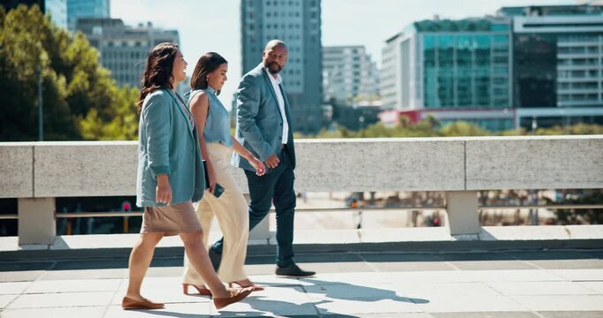 Outdoor, walking and business people with conversation, travel and commute with cooperation. New York, group or employees in urban town, schedule or deadline with collaboration, buildings or chatting