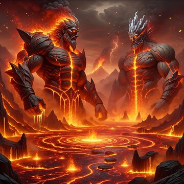 Two Colossal Lava Giants Facing Each Other in a Volcanic Hellscape.