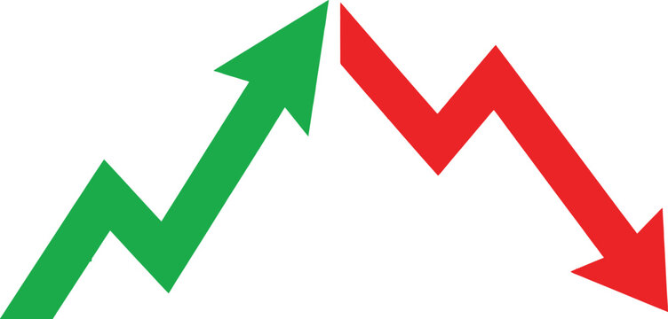 Green rising arrow and red falling arrow symbols for business growth and financial market decline