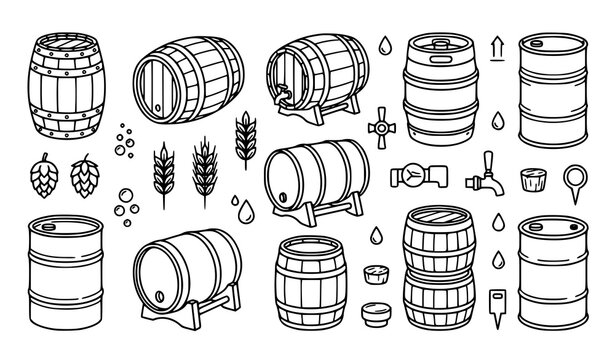 Black and white line drawings of beer barrels kegs and brewing ingredients