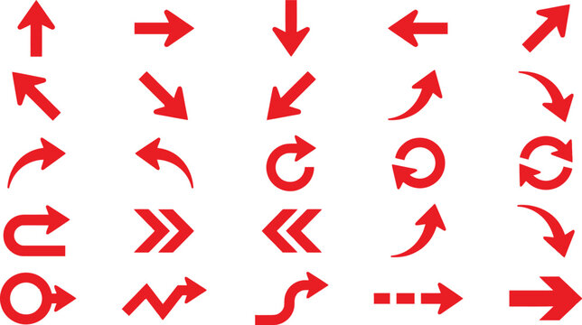Set of various red arrows icons for web design and navigation direction