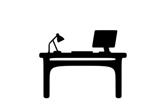 a black silhouette of a table with a computer on it ,black, computer, desk, icon, lamp, silhouette, table 