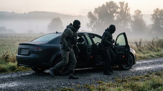 Tactical agents in black gear stepping out of a dark sedan on a misty field road during a secret paranormal or anomaly containment operation.