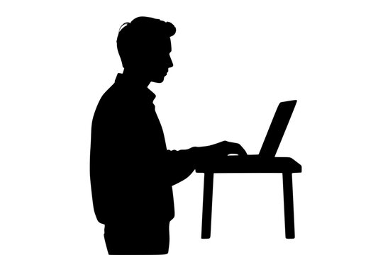 a black silhouette of a man sitting at a table using a laptop computer ,black, computer, laptop, laptop computer, man, person, silhouette, sit, table 