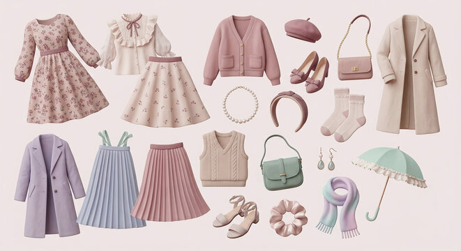Feminine 3D fashion collection with floral dress, ruffle blouse, and pastel accessories.