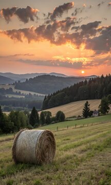 Golden sunset illuminates rolling hills and a hay bale in a field