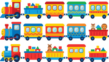 Naklejka premium Colorful Cartoon Toy Train Vector Collection with Passenger Wagons Blocks and Cute Animals for Children Nursery and Playroom Decorative Graphic Designs