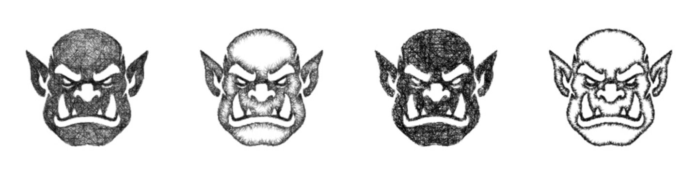 Sketch black and white orc head icon design set