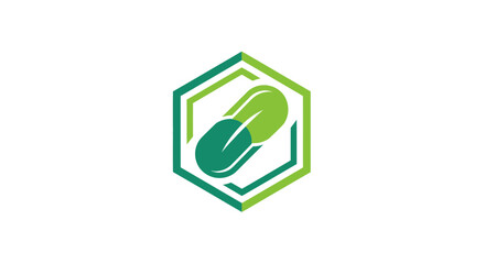 Fototapeta premium Innovative Green Pharmaceutical Capsule Emblem Within a Geometric Hexagonal Framework