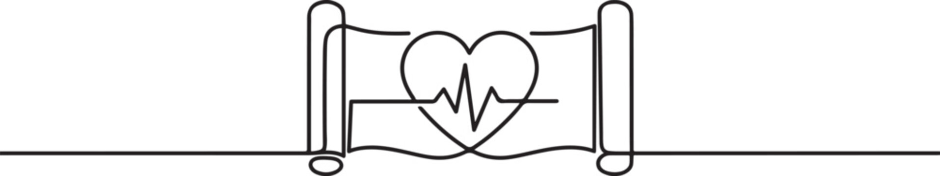 Continuous line drawing of a torah scroll with a heart and heartbeat symbol in the center. one line Icon drawing. Editable stroke