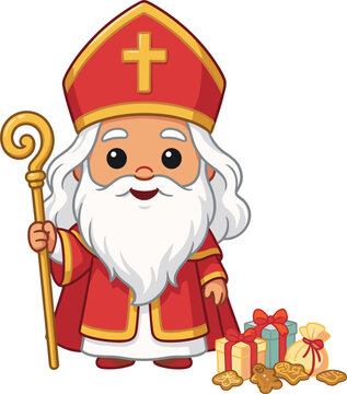Cute Sinterklaas Cartoon Vector Character Holding Golden Crosier with Christmas Holiday Gifts and Traditional Dutch Ginger Cookies on Isolated White Background