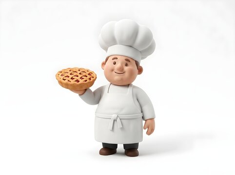 A cheerful cartoon chef holding a delicious pie in his hand, isolated on white background