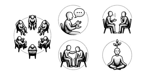 Obraz premium Group Therapy Circle Stipple Black White-Seated Figure Share Listen Support-Healing Vector-Therapy Icon Stipple-Human Interaction Design Set