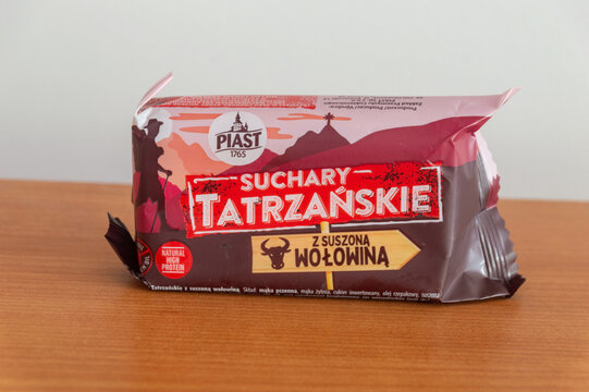 Pruszcz Gdanski, Poland - May 12, 2026: Piast Tatra rusks with dried beef.