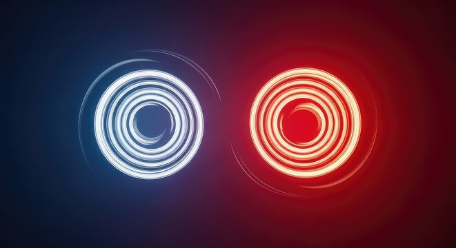 Deep navy and vibrant crimson backdrop featuring two luminous swirling spirals positioned horizontally adjacent to one another in light, cosmic, visual, glow