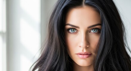Naklejka premium Detailed portrait showcasing long dark hair and striking light blue eyes. Soft natural lighting emphasizes the facial features and textures, eyelashes, glamour, gaze