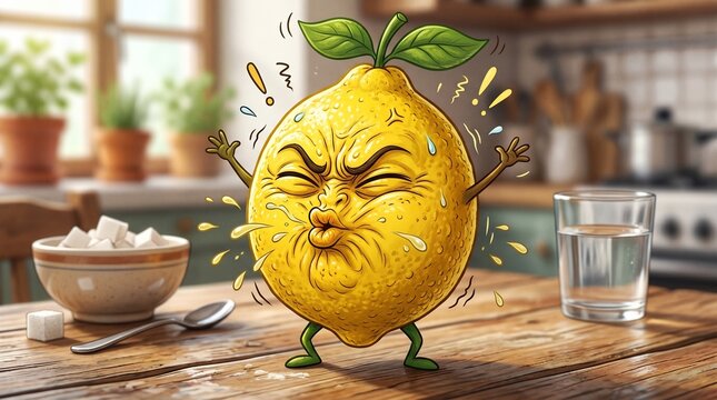 Cartoon lemon expressing frustration in a kitchen environment  