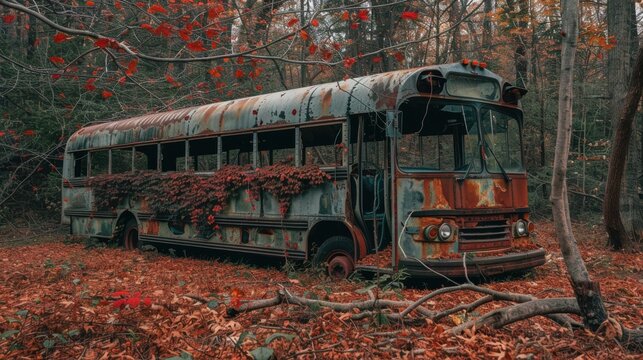 Vintage bus reclaimed by forest in moody documentary photograph