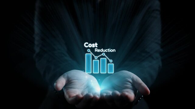 A pair of hands holds glowing icons symbolizing cost reduction and business strategy, showcasing financial analysis and innovative growth in a digital landscape. Qubit