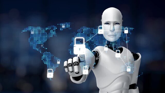 A humanoid robot stands confidently with a digital lock and network symbols, representing the fusion of technology and cybersecurity in a contemporary urban setting. Synapse